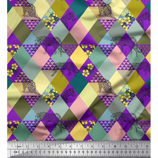 Soimoi Polyester Crepe Fabric Leopard & Argyle Patchwork Print Fabric by The Yard 52 Inch Wide