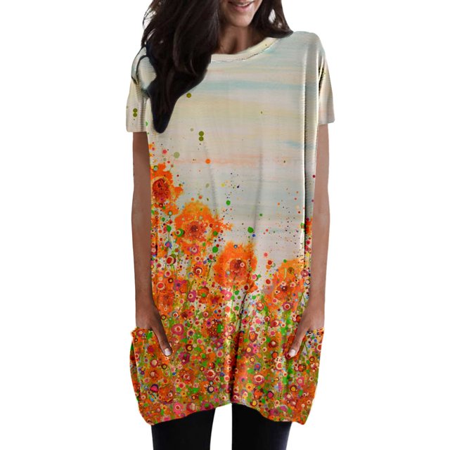 Hauts Grande Taille pour Femmes Décontractés à Manches Courtes Col Ras du Cou T-Shirts Amples Boho à Fleurs Hauts Blouses Surdimensionnées avec Poches