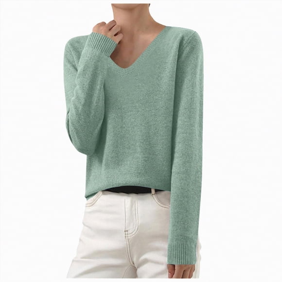 Splozh Womens Fashion Fall Clothes Women Solid Knit Sweater V Neck Knit Sweater Classic Fit Fine Knit Top Light Green,2XL