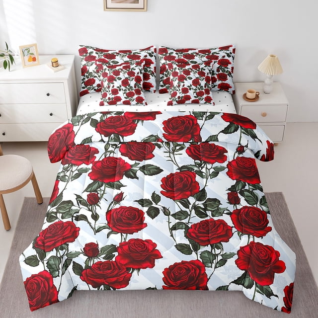 Red Rose 7 Piece Comforter Set Full Bed In A Bag,Romantic Floral Bedding Sets Garden Flower Sheet Set With Comforter,Botanical Leaf Bed Set