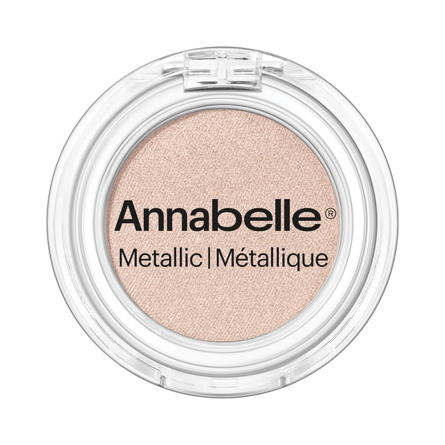Annabelle Metallic Single Eyeshadow in New Gold, shown in a clear round compact with a smooth, shimmering gold powder and black brand text on the lid, featuring a highly pigmented, blendable formula ideal for long-lasting, crease-free eye makeup and suitable for layering or mixing with other shades.