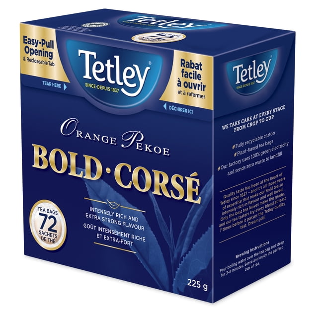 Tetley Orange Pekoe Bold Tea 72ct box in dark blue packaging with gold lettering, containing 72 black tea bags weighing 225 g, featuring easy-pull opening and recloseable tab, bilingual English-French text, and highlighting intensely rich, extra strong flavour with sustainable plant-based tea bags.