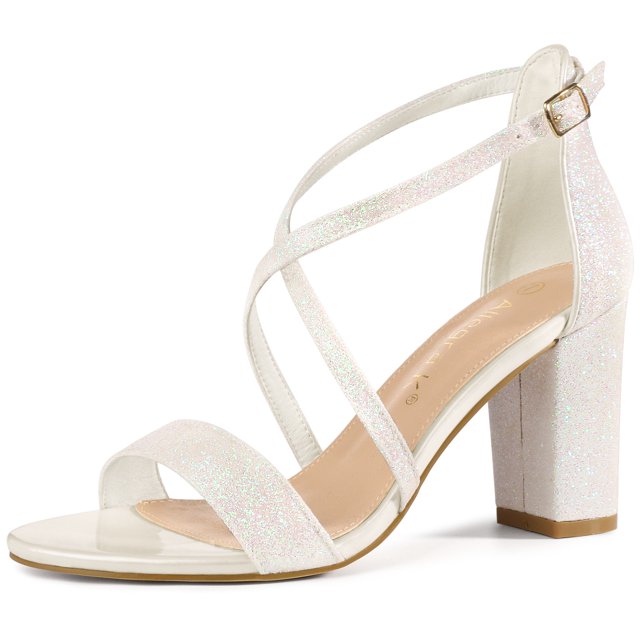 BLISSFUL STEP Sandales à Talon Bloc pour Femmes à Paillettes à Brides Croisées Blanches 8