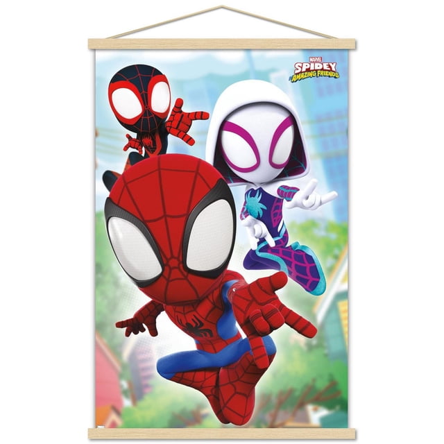 Marvel Spidey and His Amazing Friends - Affiche Murale de Toiles, 22,375 Po x 34 Po Représentant Trois Personnages Animés de Spider-Man en Rouge, Noir et Blanc-Violet en poses de Prise de Vue en Toile sur un Fond Urbain Flou, Imprimée sur Papier Lustré aux Couleurs Vives et à Montage Adhésif Facile à Accrocher.