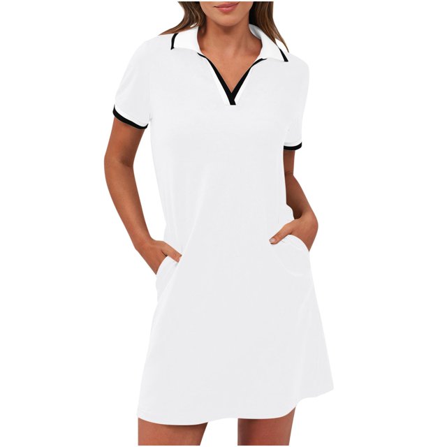 Dvprdro Robe d'Été pour Femmes Mode Classique Unie Manches Courtes Mini Robe Décontractée Poches Ample Tennis Golf Chemise Robe
