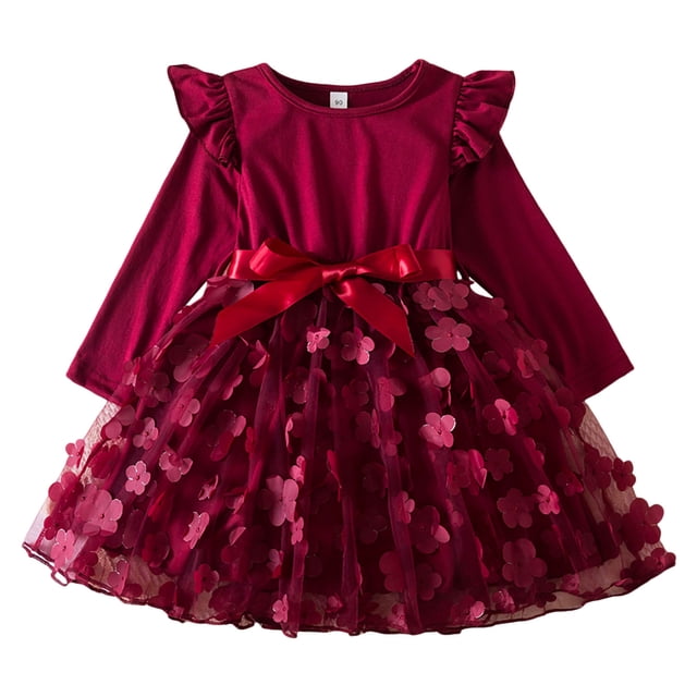 LUOGENLI Robe Tout-Petits Enfants Filles Manches Longues Décoration Florale Volants Nœud en Maille Robes Vêtements Robe de Printemps pour Filles 2025 Rouge 3-4 Ans
