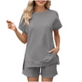 thumbnail image 1 of AherBiu Womens Short Sweatsuits Short Sleeve Side Slit Pullover Tops with Sweatshorts 2 Piece Summer Workout Sets, 1 of 6