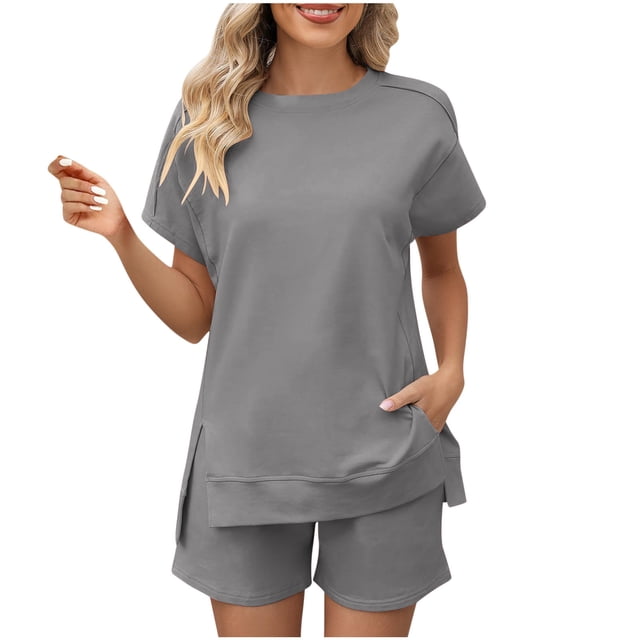 AherBiu Womens Short Sweatsuits Short Sleeve Side Slit Pullover Tops with Sweatshorts 2 Piece Summer Workout Sets