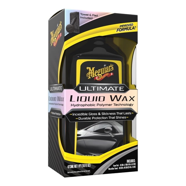 MEGUIARS WAX Car Wax - G210516 front-facing 16 ounce bottle of liquid synthetic wax by Meguiar's; label and applicator cap visible, product text cites hydrophobic polymer technology, long-lasting paint protection and increased water beading; neutral studio background. Often used to boost showroom gloss before events.