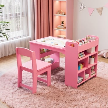 YUSAZENS Ensemble de Table d'Art pour Tout-Petit, Bureau d'Activité en Bois pour le Jeu et l'Artisanat avec 2 Chaises, Grandes Étagères de Rangement pour Écrire et Dessiner à la Maison