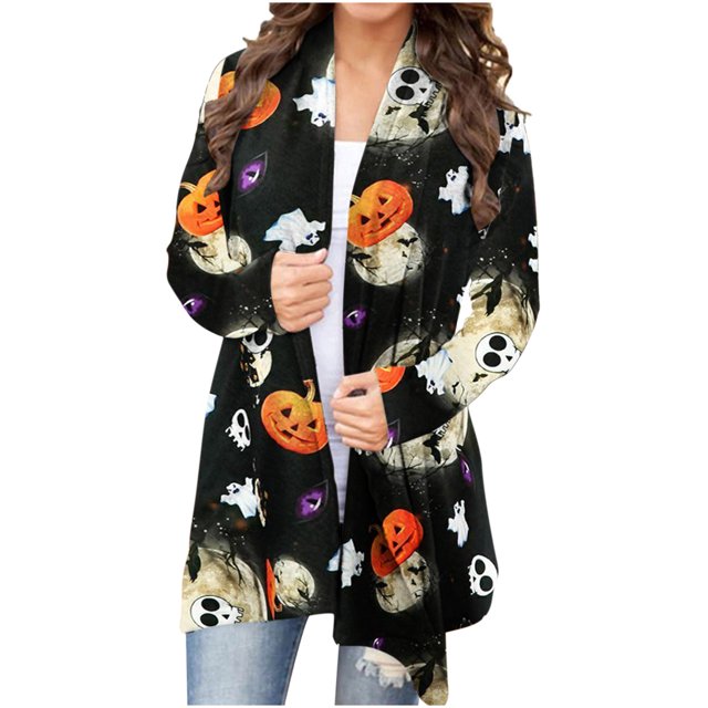 Honganda Cardigan Imprimé Halloween pour Femmes, Manteau Ample à Manches Longues