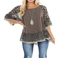 thumbnail image 2 of Blouse Femme à Manches 3/4, Unie, Ourlet Floral, Imprimé Léopard, Haut Ample, 2 of 6