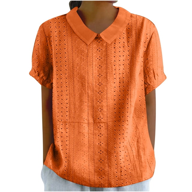 Timegard Womens Tops Eyelet Lapel Neck Back Button Short Sleeve Comfy Blouse Dressy Casual Tee Tops