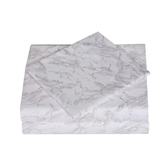 Red Label Ensemble de Draps en Microfibre Brossée Super Doux, Entretien Facile, Comprenant une base Blanche avec Motif Marbre Gris Pâle, Plié pour Montrer Drap Plat, Drap-Housse à Élastique Complet et Taies d'Oreiller, Fabriqué en Tissu Microfibre Résistant aux Plis, Convient aux Matelas jusqu'à 14 Pouces de Profondeur, Convient pour Rehausser le style de la Chambre.
