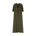 thumbnail image 4 of Pisexur Robes d'Été pour Femmes en Doux Lin-Coton Robes d'Été pour Femmes Décontractées à Col en V Manches 3/4 Robe Maxi Ample Confortable Fluide Robes pour Femmes Couleur Unie à Volants Boho Longues Robes P-2TG Vert, 4 of 5