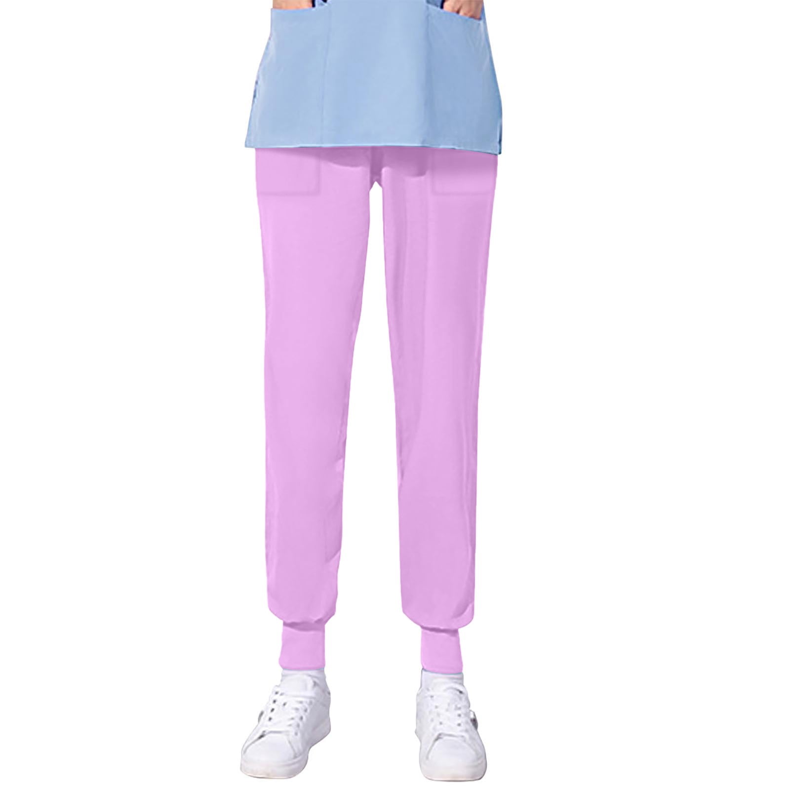 TIMIFIS PinksWomen's Jogger Scrub Pants Comfort Fits Solid Color Four Season Loose Bunched Feet Nurse Work Pants with Pockets - Spring/Summer