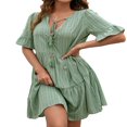 thumbnail image 1 of Women Short Sleeve Loose Dress with A-line Version  Simple Style Solid Color V-neck Summer Clothing, 1 of 6