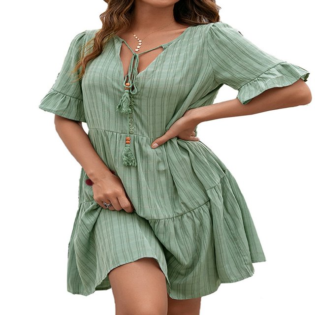 Women Short Sleeve Loose Dress with A-line Version Simple Style Solid Color V-neck Summer Clothing