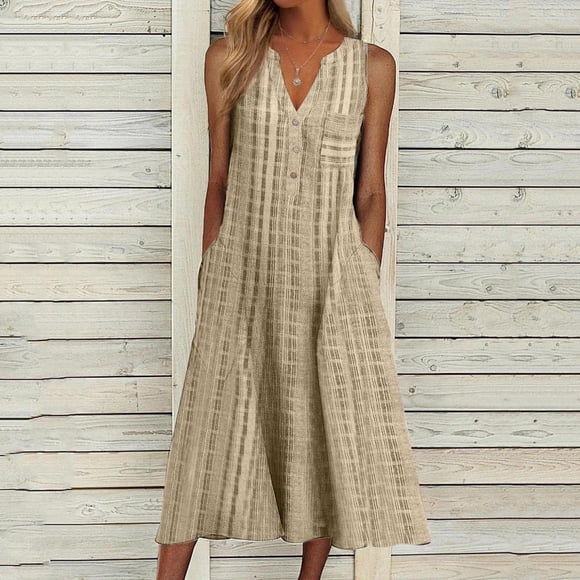SMihono Summer Boho Maxi Dress for Women Plus Size Women's Fashion Casual Sleeveless V-Neck Button Striped Print Pocket Maxi Dress Beach Swing Sundress