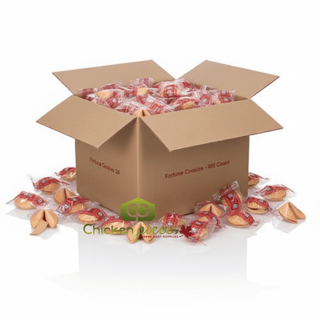 Wings Biscuits Porte-Bonheur, Emballés Individuellement, 400/caisse – une Boîte en Vrac de Biscuits Porte-Bonheur Classiques Dorés avec une Légère, Croquant Sucré. Chaque Biscuit Est Emballé Individuellement pour la Fraîcheur et Comprend un message Amusant Ou une Citation Inspirante à l'Intérieur. la Boîte en Carton Ouverte Affiche les Biscuits dans Leur Emballage Rouge et Transparent, avec Quelques Biscuits Dispersés Autour. Idéal pour restaurants, Traiteurs et Événements.