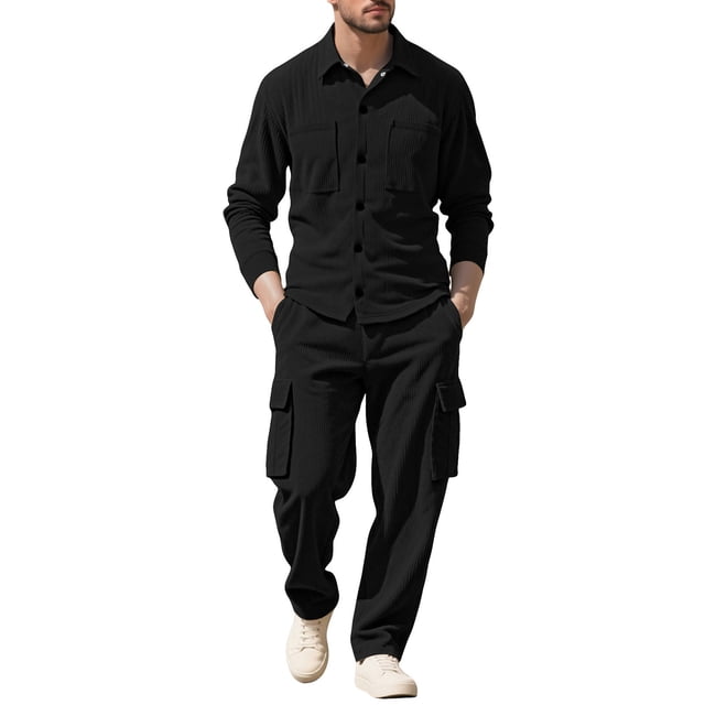 Erwazi Men's Corduroy Cargo Shacket Tracksuit Set 2 Pieces Lapel Long Sleeve Button Down Jacket and Cargo Pants Set
