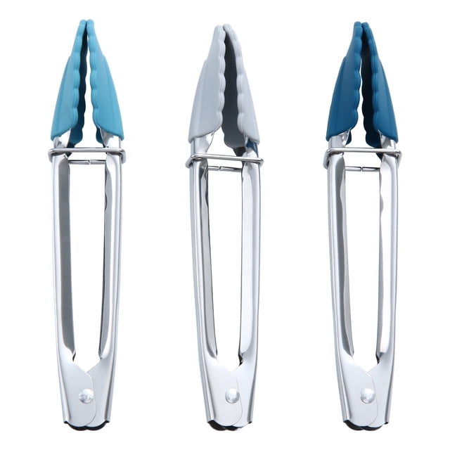 Mainstays 7-inch stainless steel locking mini tongs with silicone tips in teal, grey, and navy, featuring polished stainless steel handles and BPA-free, heat-resistant silicone heads that protect cookware surfaces, with an ergonomic locking design for easy storage and one-handed use, suitable for cooking, serving, and preventing cross-contamination.