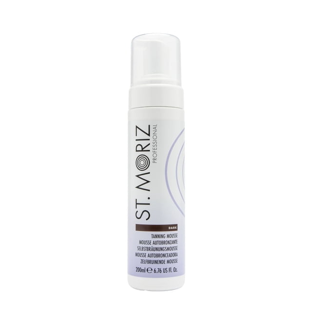 St. Moriz Professional Instant Self Tanning Mousse Dark in a 200ml white bottle with clear pump cap, featuring black and purple text and swirl design, offering a fast-drying mousse formula for a streak-free dark self-tan ideal for sun care routines.