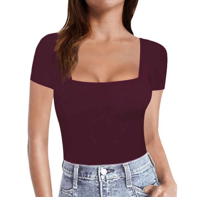 TSADFHJI Hauts pour Femme Été T-Shirts à Manches Courtes pour Femmes à Manches Longues à Encolure Carrée T-Shirts Hauts Tees TTG Rouge