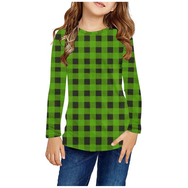 RXIRUCGD Chemises à Manches Longues pour Filles, Col Rond Mignon, Blouses Décontractées Élégantes, Vert, Taille : 7 Ans