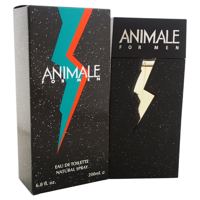 Animale by Animale for Men - 6.8 oz EDT Spray, a men's cologne with bold black packaging featuring a lightning bolt design and speckled accents. The bottle is partially visible, showcasing a sleek design with gold detailing. This oriental spicy fragrance includes notes of freesia, citruses, neroli, juniper berries, lavender, and geranium.