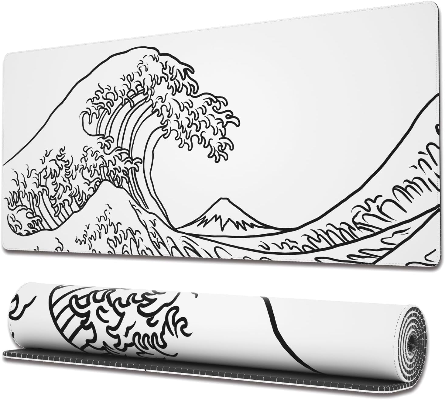 Japanese Wave White Gaming Mouse Pad - Extended XL Mousepad with Anti-Slip Base, Cool Large Mouse Pad for Desk, 31.5x11.8 Inch, Perfect for Gaming and Office