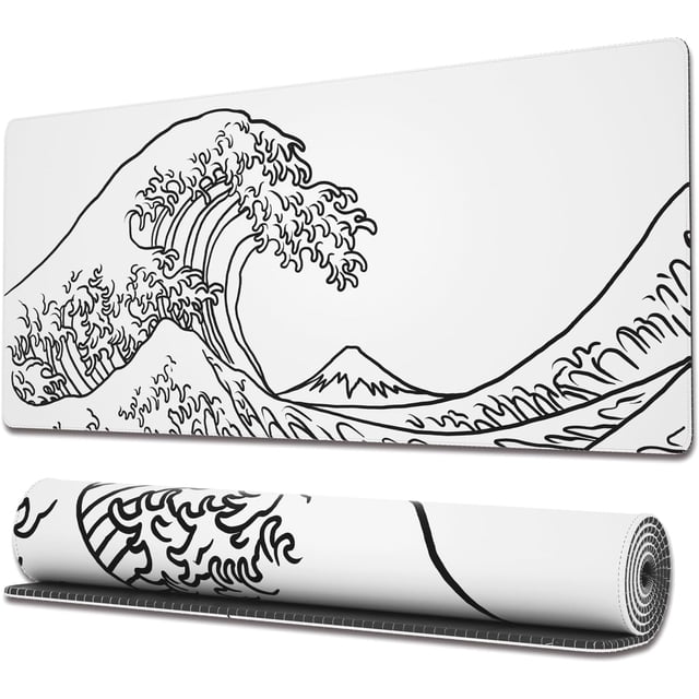 Japanese Wave White Gaming Mouse Pad - Extended XL Mousepad with Anti-Slip Base, Cool Large Mouse Pad for Desk, 31.5x11.8 Inch, Perfect for Gaming and Office
