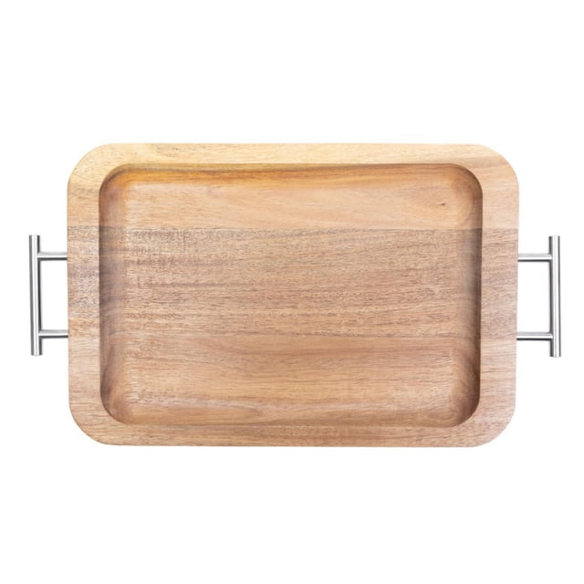 Home Trends Wooden Serving Tray with Handle, rectangular natural acacia wood tray with smooth grain and rounded edges, featuring sturdy silver metal handles on both sides, measuring 17.12 x 9.64 x 0.98 inches, suitable for serving drinks, snacks, or as a decorative display piece in dining and entertaining.