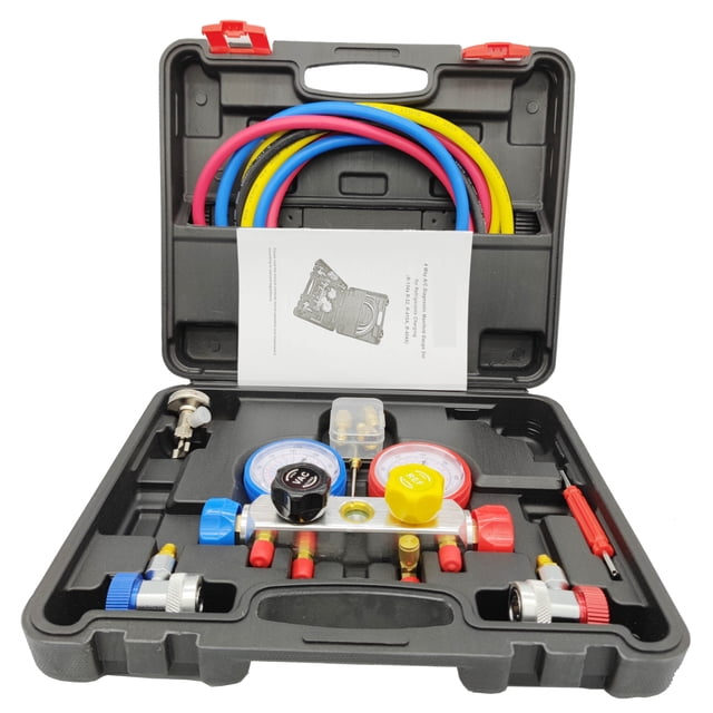 Manifold Gauge Set Hose Kit 410A 134A R404A R22 Diagnostic Manifold Gauge 5FT Hose Tank Adapters Adjustable