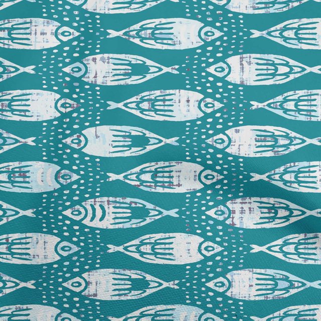 oneOone Polyester Spandex Dark Teal Green Fabric Asian Block Fish Sewing Craft Projects Fabric Prints By Yard 56 Inch Wide