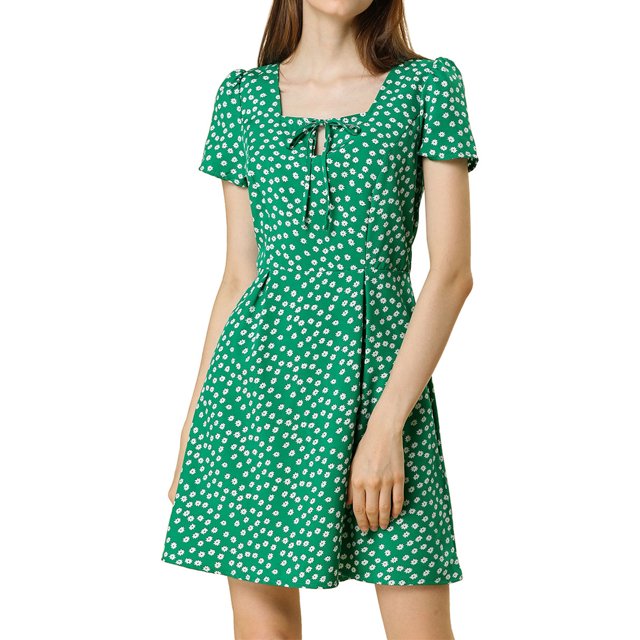 INSPIRE CHIC Robe Trapèze à Fleurs pour Femme à Encolure Carrée et Manches Courtes
