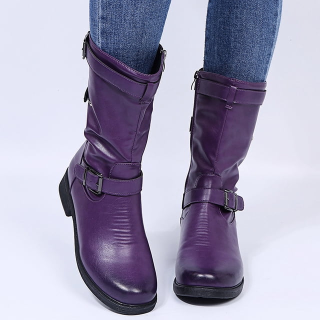 Bmisegm Bottes Rétro pour Femmes à Fermeture Éclair, Talon Carré, Couleur Unie, Tige Mi-Haute, Bout Rond, Chaussures Violettes 8.5