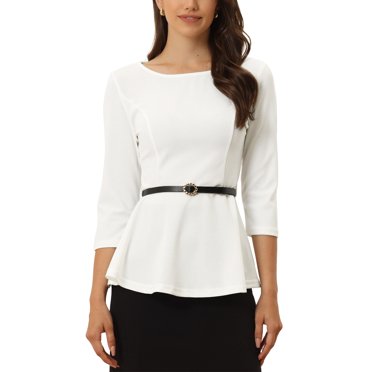 INSPIRE CHIC Hauts Péplum pour Femmes Manches 3/4 Enseignante Ceinturée Blouse Élégante de Bureau m Blanc