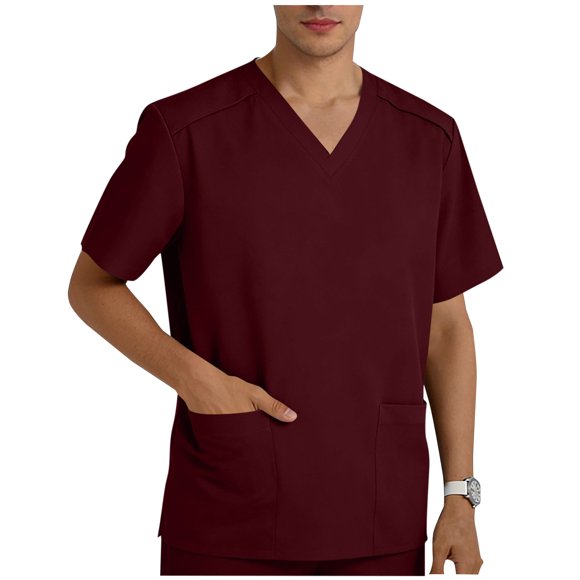 SBYOJLPB Mens V-Neck Top Medical Uniform Solid Color Traditional Fit with Pockets Nursing Scrub Top Durable Fabric