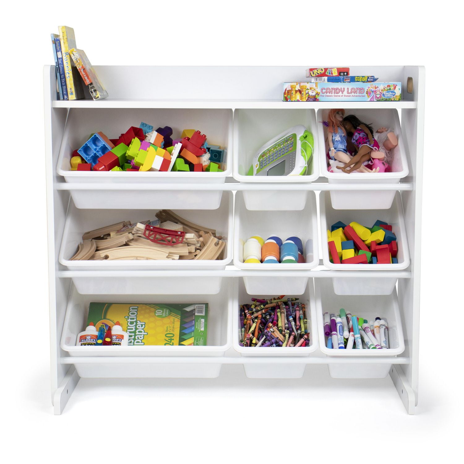 Système de rangement pour jouets avec tablette et 9 bacs de rangement, blanc