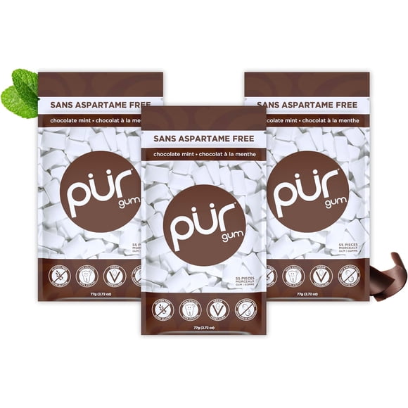 PUR Gomme, Menthe Chocolatée, Sans Aspartame, Sans Sucre et Xylitol 100 %, Gomme à Mâcher, 55 Pcs, Lot de 3