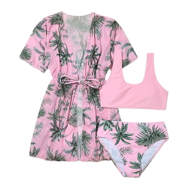 GPOECD Ensemble de Maillot de Bain 3 Pcs pour Tout-Petites Filles Bikini Vert à Imprimé Floral avec Paréo pour Plage et Piscine Maillot de Bain pour Filles Rose,8a