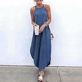 thumbnail image 1 of Pisexur Robes d'Été en Denim pour Femmes à Col Licou Décontractées Amples Vacances Robe Maxi en Jean Plage Sans Manches Robe de Soirée, 1 of 5