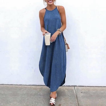 Pisexur Robes d'Été en Denim pour Femmes à Col Licou Décontractées Amples Vacances Robe Maxi en Jean Plage Sans Manches Robe de Soirée