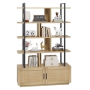 5-Tier Rattan Industrial Bookcase with Storage Cabinet & Door - Tall Open Display Bookshelf, 71.1"