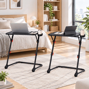 Homy Casa Adjustable Laptop Desks Set of 2, Portable Folding Computer Tables with Cup Holders for Home Office and Sofa, Black