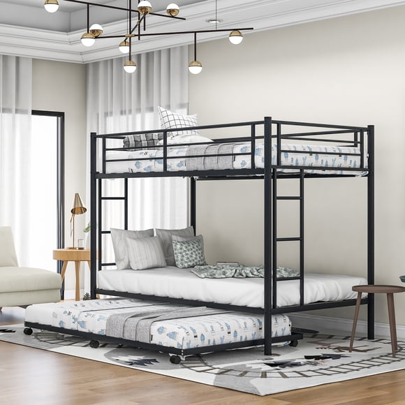 Euroco Metal Twin over Twin Bunk Bed with Twin Size Trundle Bed for Kids Room, 3 Twin Size Beds for Kids and Teens, Solid Ladder and Safety Guardrails, Black