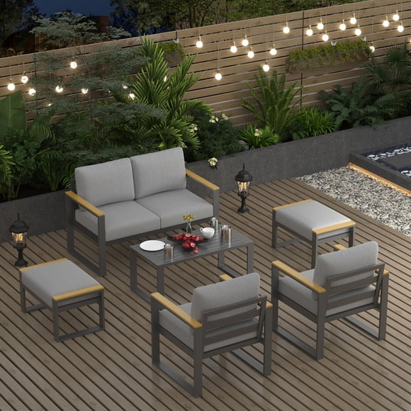 GOGRANT Ensemble de Mobilier de Jardin en Aluminium, Canapé 2 Places avec Table Basse, Mobilier de Jardin Moderne et Résistant aux Intempéries pour Balcon et Terrasse.