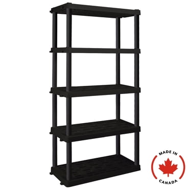 Étagère en plastique ultra-résistante à 5 niveaux (73,80 po H x 17,75 po P x 36 po L) noire - Capacité totale de 750 lb. Fabriquée au Canada.