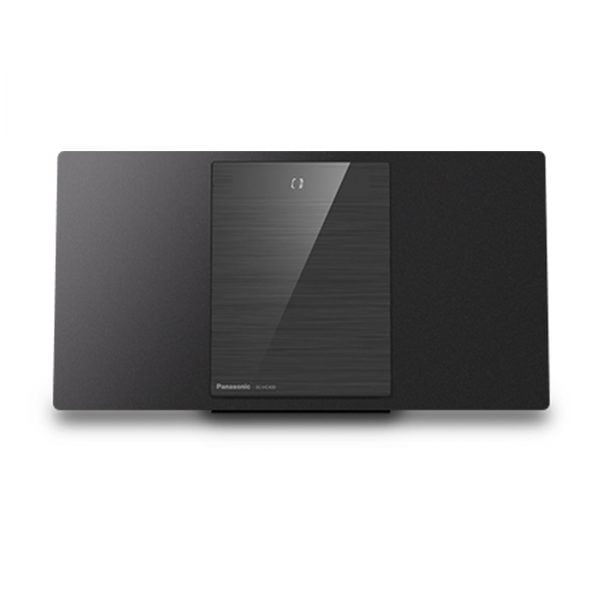 Panasonic SC-HC410 Bluetooth/CD Compact Audio System featuring a sleek, wall-mountable design with a black finish. This stereo shelf system includes built-in 20-watt speakers, Bluetooth 2.1 EDR compatibility, and a digital FM radio tuner. It offers Space Tune technology for optimized sound based on room placement and is compatible with the Panasonic music app for easy playlist access. Ideal for small spaces, it also includes an auxiliary input for connecting MP3 players and other devices.